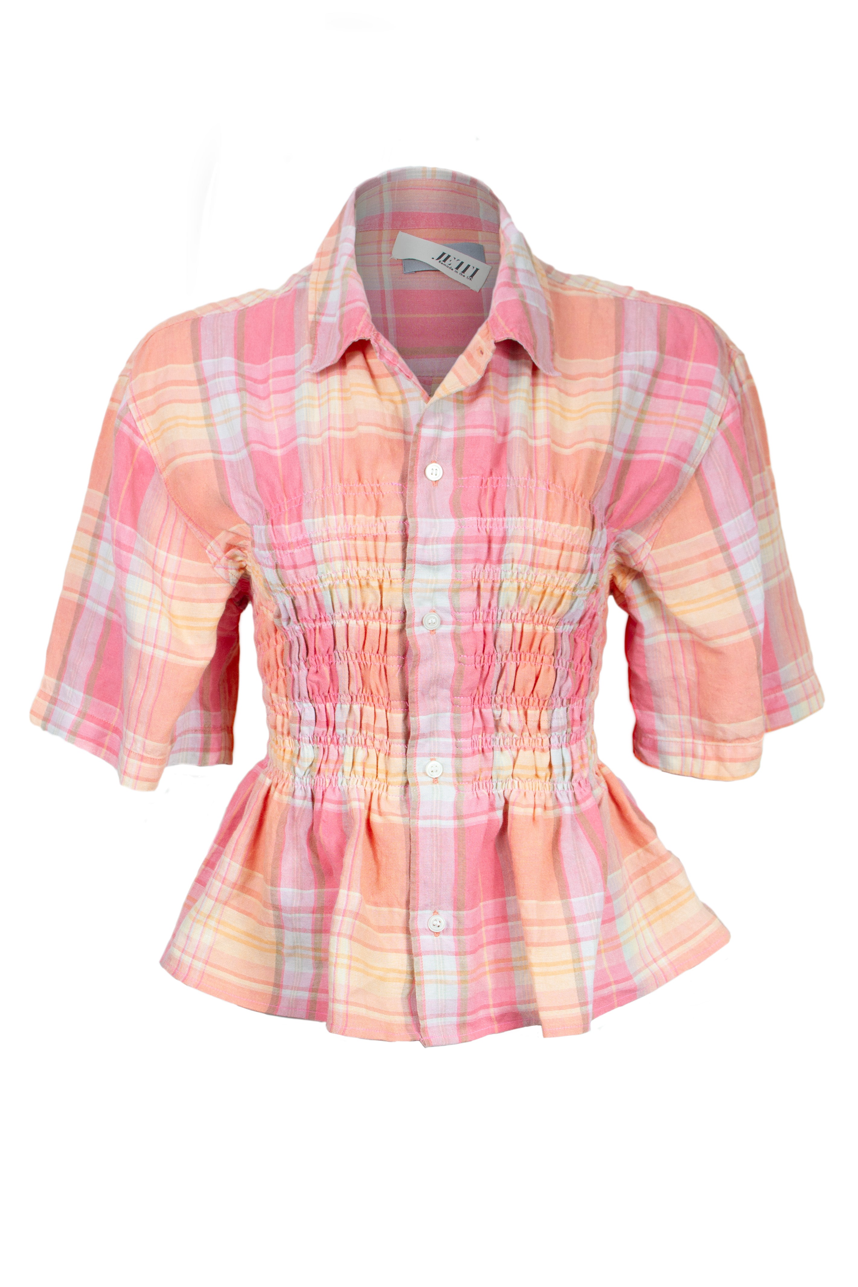 REmade Shirred Kimono Shirt Orange Plaid