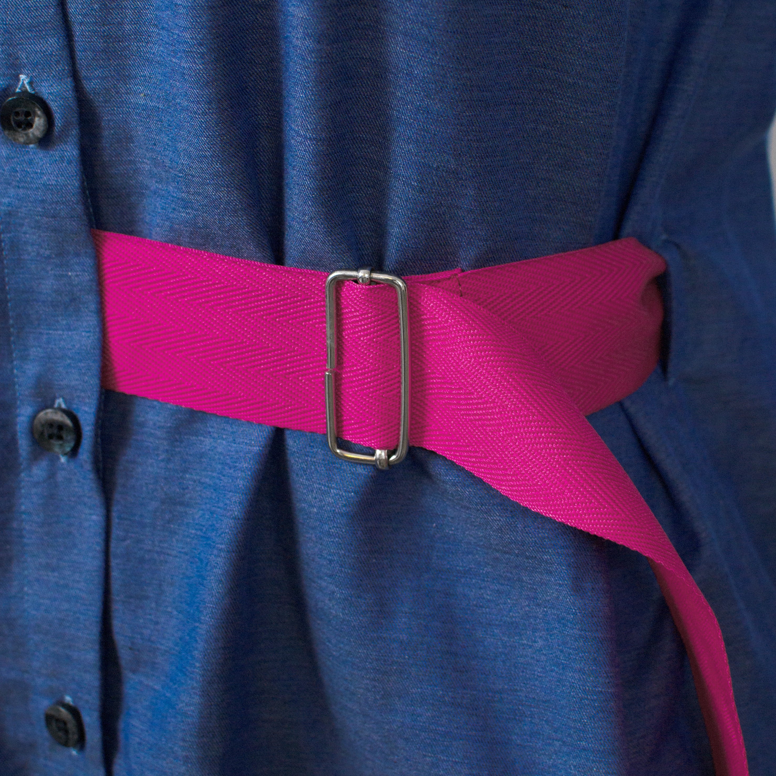Strap Shirt - Reworked Blue Boyfriend Shirt with Pink Belt | Jetti Strap Shirt - Reworked Blue Boyfriend Shirt with Pink Belt | Jetti